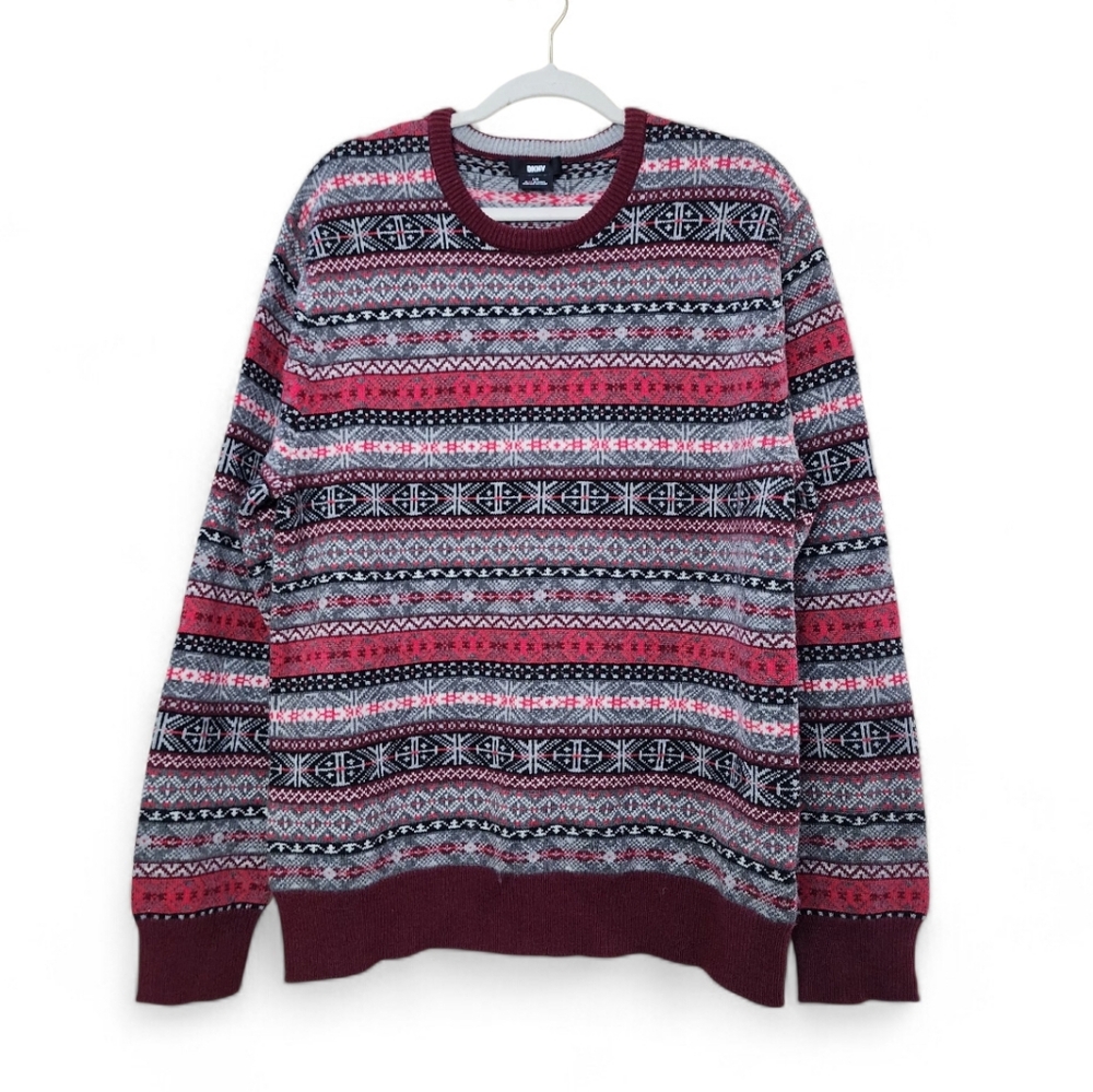 DKNY Men's Large  Burgundy Grey Fair Isle Crewneck  Wool Blend Sweater